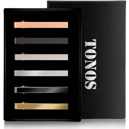 Tie Clips for Men, 6 PACK Tie Clip Set with Elegant Gift Box - Shiny & Matte Tie Clips Black, Silver, Gold Tie Bar Tie Pinch Tie Clasp. Nice Gift for Father, Husband, Boyfriend, Wedding (Classic 6PC)