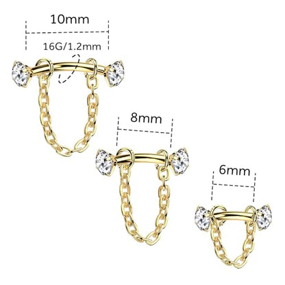 3 Pcs 316L Stainless Steel 16G Tragus Helix Rook Piercing Jewelry with Chain, Cartilage Earrings for Women, Belly Button Ring Vertical Labret Lip Piercing Jewelry - color: Gold, size: Prong Setting