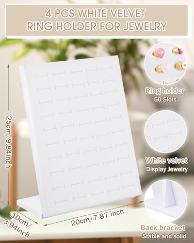 4 Pcs Velvet Ring Display 50 Slots L-Shaped Ring Display Stand Tray Holder for Selling Earring Jewelry - color: White