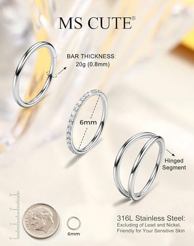 316L Stainless Steel Nose Ring Set – 3PCS Nose Hoops with Cubic Zirconia, 20G/18G, Silver/Black/Gold, 7mm/8mm Sizes, Seamless & Hinged Design for Sensitive Skin Jewelry - color: Silver, size: 20g 6mm
