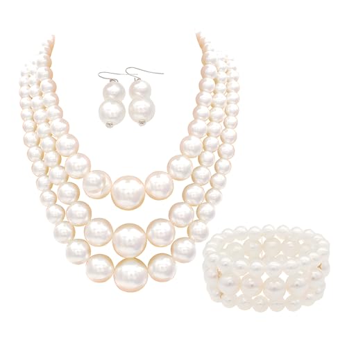 Big Chunky Pearl Necklace and Earrings Set Large Costume 1920s Faux Pearls Gatsby Accessories - color: A-White