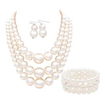 Big Chunky Pearl Necklace and Earrings Set Large Costume 1920s Faux Pearls Gatsby Accessories - color: A-White