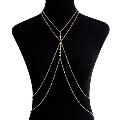 Body Chain Jewelry for Women, Layered Waist Chain for Bikinis | Sexy Body Jewelry, Adjustable Fit, Chest Belly Chain, Gold & Silver Options, Beach Vacation, Festivals Raves & Concerts - style: 8 Diamonds(Gold)