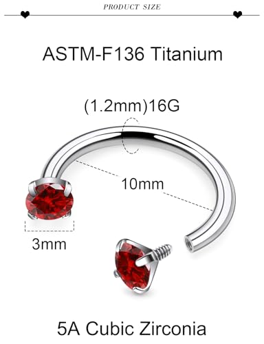16G F136 Titanium Internal Thread Horseshoe Septum Nose Ring Piercing Jewelry Circular Barbell Helix Snug Tragus Rook Daith Cartilage Earring Lip Ring Piercing Jewelry for Women Men 8MM 10MM - style: 16G, 10MM Length, Red CZ