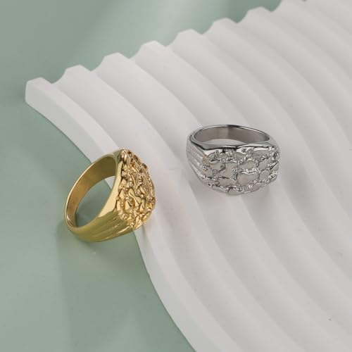 18K Gold Plated Chunky Nugget Rings for Women Stainless Steel Ring Gift Box - color: Silver