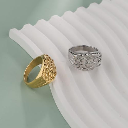 18K Gold Plated Chunky Nugget Rings for Women Stainless Steel Ring Gift Box - color: Gold