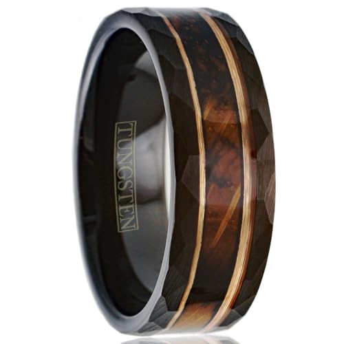 Gorgeous Unique 8mm Brushed Satin Finish Black Tungsten Carbide Faceted Flat Band Ring with Charred Whiskey Barrel Oak Wood Inlay between Rose Gold Stripes.