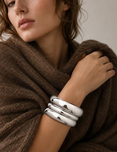 Chunky Gold Bangle Bracelets for Women, Dainty 14k Gold Plated Big Stackable Bangles Set, Trendy Statement Cuff Bracelet Stack Fashion Jewelry Gifts - style: 3 Thick silver bangles