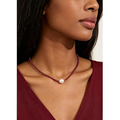 Single Pearl Choker Pendant Necklaces for Women, Natural Gemstone Womens Black Stone Beaded Choker Necklace, Dainty Round Freshwater Pearl Handmade Jewelry Gift Women Birthday Bridesmaids Anniversary 16 18 inch - color: 05-Red Garnet, size: 16"