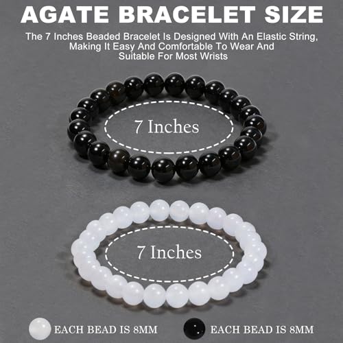 2PCS Agate Bracelet for Women Men Natural Round Beaded Agates Stone Healing Stretch Bracelets Elastic Handmade Polished Gemstone Beads Bracelet - color: Black+White, size: 8mm Beads