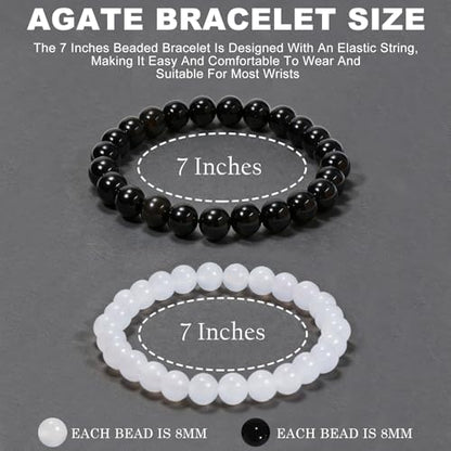 2PCS Agate Bracelet for Women Men Natural Round Beaded Agates Stone Healing Stretch Bracelets Elastic Handmade Polished Gemstone Beads Bracelet - color: Black+White, size: 8mm Beads