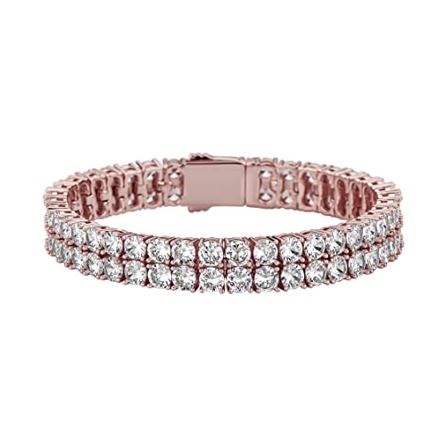 JINAO 2-Row Tennis Bracelet for Men & Women, 14K Gold Plated Brass, Iced-Out Cubic Zirconia Chain, Unisex Hip-Hop Style - color: Rose Gold 8''