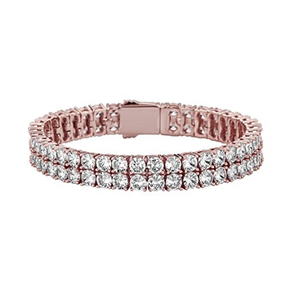 JINAO 2-Row Tennis Bracelet for Men & Women, 14K Gold Plated Brass, Iced-Out Cubic Zirconia Chain, Unisex Hip-Hop Style - color: Rose Gold 8''