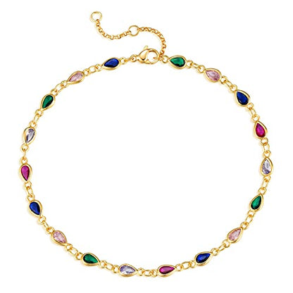 Gold Anklets for Women 14K Gold Plated Tiny Bead Anklet Colorful Tassel Foot Chain Dainty Adjustable Cute Summer Beach Boho Anklets Jewelry Gift - color: colorful drop B