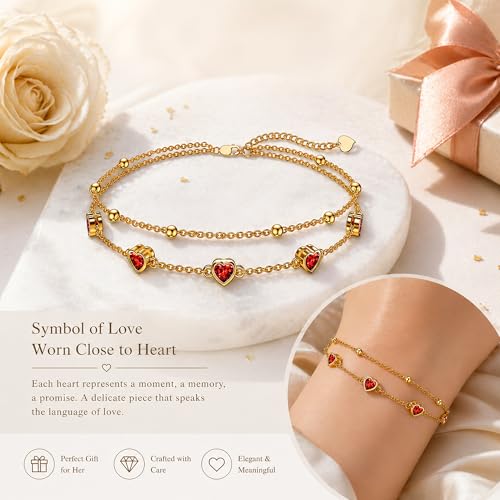 Midari 18K Yellow Gold Gemstone Birthstone Anklet Bracelet Heart Jewelry with 12 Months Birthstone Birthday Gifts for Women Wife Her Daughter Mom - color: 01-Jan-Garnet, size: Bracelet 7"-9"