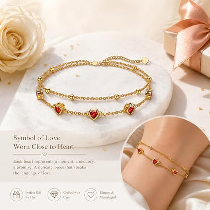 Midari 18K Yellow Gold Gemstone Birthstone Anklet Bracelet Heart Jewelry with 12 Months Birthstone Birthday Gifts for Women Wife Her Daughter Mom - color: 01-Jan-Garnet, size: Bracelet 7"-9"