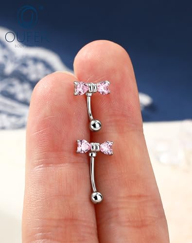 OUFER 16G Rook Earring Piercing Jewelry-316L Surgical Steel Pink Clear CZ Bow Eyebrow Rings, 6/8MM Curved Barbell Vertical Labret Lip Piercing Jewelry - color: Silver-PK