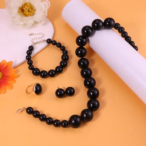 Prom Jewelry Set for Women Pearl Jewelry Sets Pearls Necklace Earrings Bracelet Ring Sets Faux Pearls Bridesmaid Bridal Wedding Prom Outfits Jewelry Sets - color: Black