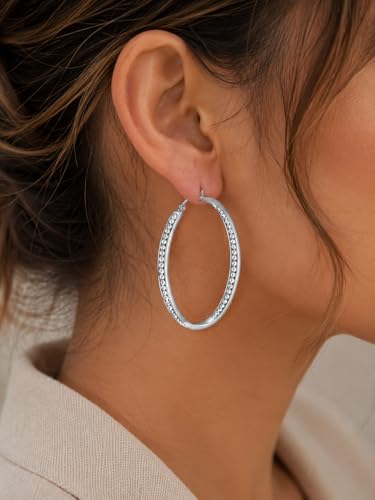 Stainless Steel Inside Out 40mm Hoop Earrings for Women – Sparkling CZ Crystal Hoops, Hypoallergenic, Lightweight, Modern Everyday Earrings – Silver, 18K Gold Plated, & Black Options - color: Silver