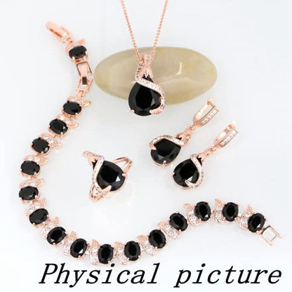 GZWHD Jewelry Set for Women Water Drop Cubic Zirconia Artificial Crystal Earrings Pendant Necklace Open Ring Tennis Bracelet Wedding Anniversary Birthday Engagement Gift for Bridesmaid Wife Girlfriend Friend - color: Rose Gold-Black