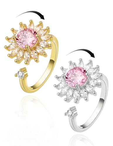 Anxiety Rings for Women – Adjustable Flower Spinner Ring, Daisy & Sunflower Fidget Ring, Gold Plated Calming Jewelry - style: Style 06 Pair