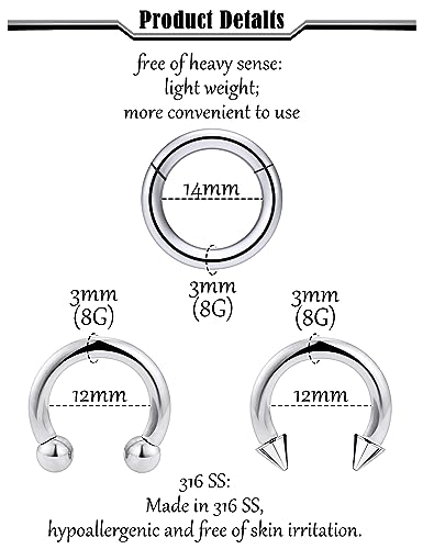 12G-2G Large Septum Ring Piercing PA Ring Hypoallergenic 316L Surgical Steel Septum Nose Rings Gauges Earrings Hoops CBR Body Piercing Jewelry for Women Men Inner Diameter 12mm 14mm 16mm - color: Silver, size: 8G-12mm