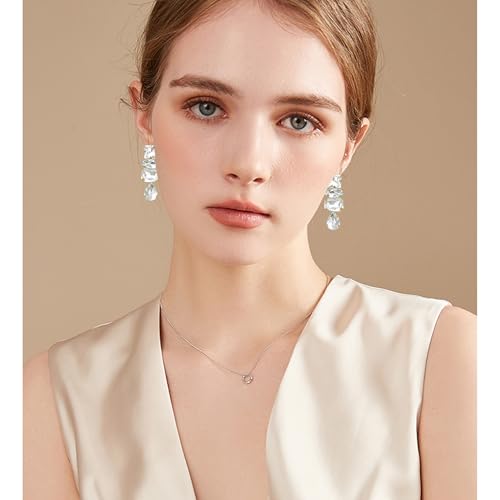 Dainty Sparkly Crystal Square Teardrop Circle Dangle Drop Earrings Long Chic Glitter Rhinestones Geometry Stud Earrings For Women - style: White