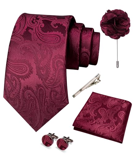 JEMYGINS Mens Paisley Tie and Pocket Square,Lapel Pin,Cufflinks,Tie Clip Sets with Gift Box 5PCS - color: Burgundy