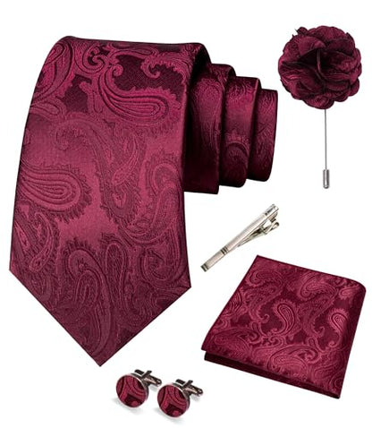 JEMYGINS Mens Paisley Tie and Pocket Square,Lapel Pin,Cufflinks,Tie Clip Sets with Gift Box 5PCS - color: Burgundy