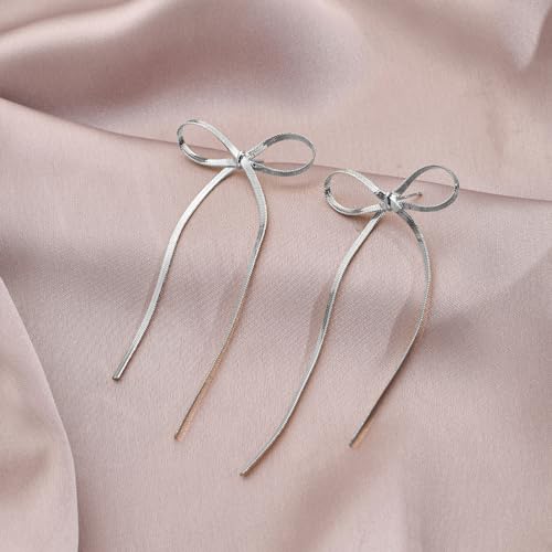 Gold Silver Bow Drop Earrings for Women Long Tassel Chain Bow Earrings Ribbon Bowknot Dangle Earrings Jewelry Gifts - color: Silver Bow A