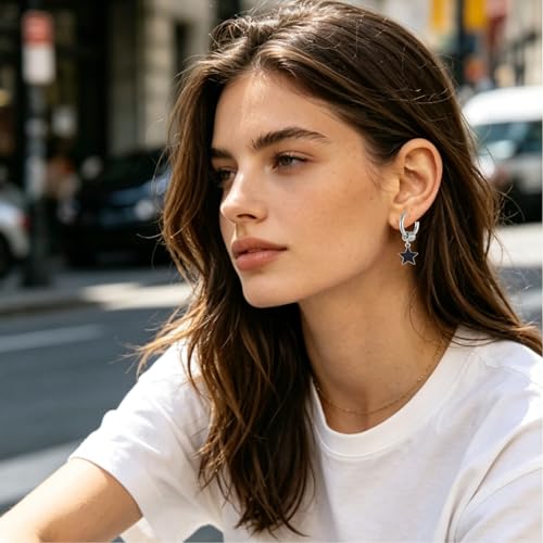Y2K Black Star Dangle Hoop Earrings for Women Men | Silver Punk Ring Huggie, Edgy Gothic Star Charm, Streetwear Fashion