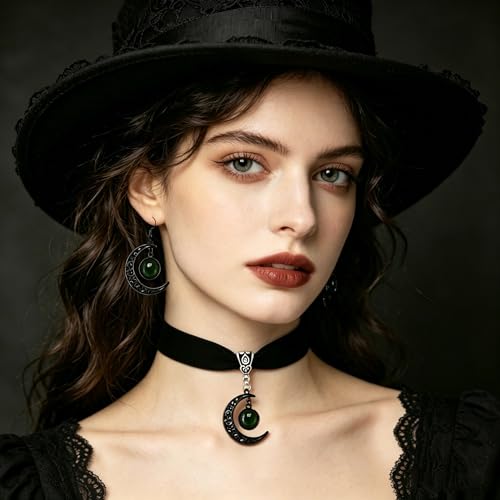 ONLYJUMP Gothic Witch Moon Earrings Necklace Set for Women Goth Black Velvet Moon Choker Necklace Moon Zirconia Dangle Drop Earrings Dark Halloween Witch Vampire Jewelry - color: Green