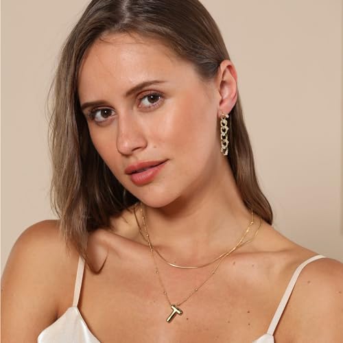 LUCA SMITH 2-Piece Initial Necklaces for Women, Dainty Balloon Bubble A-Z Letter Necklace Set, Name Letter Alphabet Pendant Layered Choker Necklaces Personalized Jewelry Gift - color: Gold bubble letter necklace, style: Initial Set-T