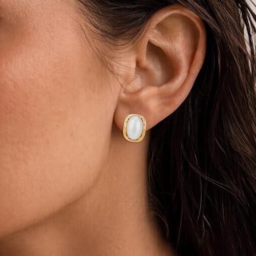 YOQUCOL Natural Stone Trendy Clip On Stud Earrings for Women Gold Plated Non Pierced Statement Earrings Fashion Jewelry - color: Oval-Pearl