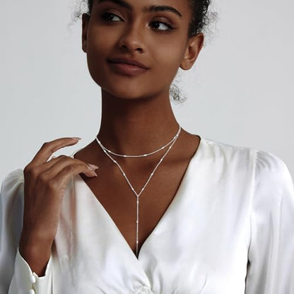 HERIER Lariat Gold Necklace for Women, Dainty Long Necklace 14k Gold Plated/Silver Y-Shaped Layered Beaded Chain Drop Necklaces for Women Trendy Simple Gold Jewelry for Women Gifts - color: Y Layered Bar-Silver