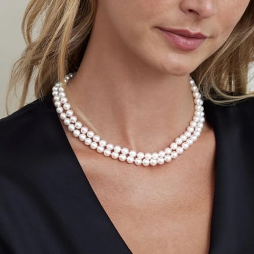 The Pearl Source White Freshwater Double Strand Pearl Necklace for Women - AAA Quality with Sterling Silver - Fine Jewelry Gift