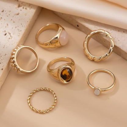 Rrdaily 14K Gold Plated Stackable Knuckle Rings Set for Women Trendy Chunky Simulation Gemstone Signet Rings Dainty Midi Finger Rings Pack Aesthetic Statement Jewelry for Bridesmaid Wedding Gifts - style: 6 Pcs Gold