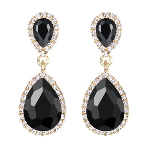 EVER FAITH Women's Austrian Crystal Wedding Tear Drop Dangle Earrings | Bridal Prom Jewelry for Bride Bridesmaid - color: Black Gold-Plated-Base