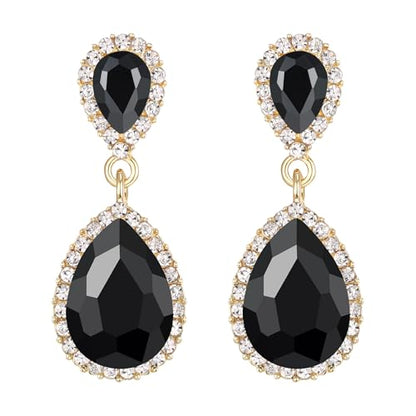 EVER FAITH Women's Austrian Crystal Wedding Tear Drop Dangle Earrings | Bridal Prom Jewelry for Bride Bridesmaid - color: Black Gold-Plated-Base