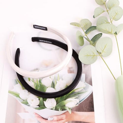 CURASA Sponge Padded Headbands For Women Girls 2PCS Non Slip Comfortable Headband Thin Black & White Head Bands Trendy Hair Hoops Elegant Head Bands Set Stretchy Hairbands Plain Solid Hair Accessories