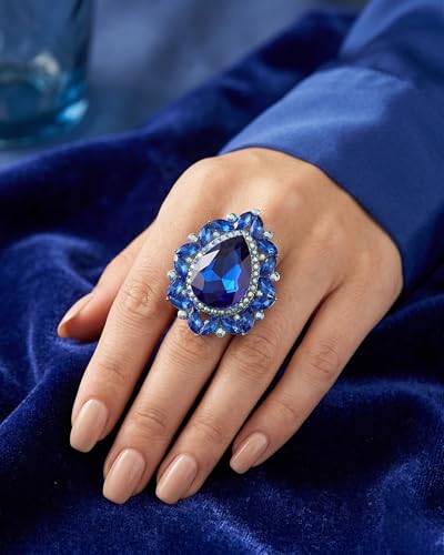 NYFASHION101 Radiant Teardrop Stone Adjustable Cocktail Statement Ring - color: Celestial Royal/Silver-Tone