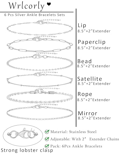 6PCS Ankle Bracelets for Women18K Gold Plated Stainless Steel Waterproof Layered Herringbone Figaro Bead Paperclip Rope Tennis Box Cuban Link Rolo Satellite Chain Anklets Set Gold Tone - style: D:Silver2