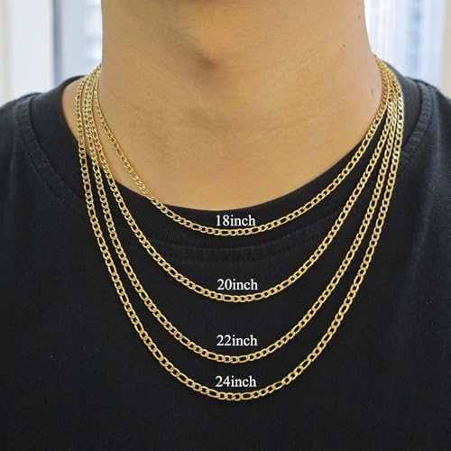 Stainless Steel Figaro Link Chain Necklace For Men Women, 3mm 4mm 5mm 7mm Width, 18k Gold Plated 18 20 22 24 Inch Figaro Chain, No Tarnish Durable Waterproof Jewelry - color: 3MM Gold, size: 22inches