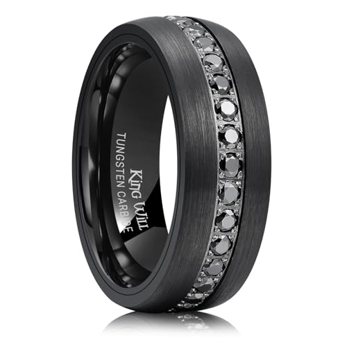 King Will Mens Tungsten Wedding Band with Cubic Zircon Inlay 7mm/8mm Flat Cut Comfort Fit Engagement Rings - color: A-Black Domed-8mm