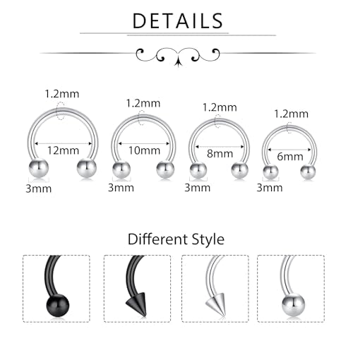 D.Bella 16G 14G Horseshoe Rings Surgical Steel Nose Septum Horseshoe Hoop Earring Eyebrow Tragus Lip Rings Daith Helix Piercing Jewelry for Women Men 6-12mm Smily Piercing Jewelry - color: 16g-silver-black