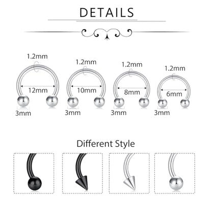 D.Bella 16G 14G Horseshoe Rings Surgical Steel Nose Septum Horseshoe Hoop Earring Eyebrow Tragus Lip Rings Daith Helix Piercing Jewelry for Women Men 6-12mm Smily Piercing Jewelry - color: 16g-silver-black