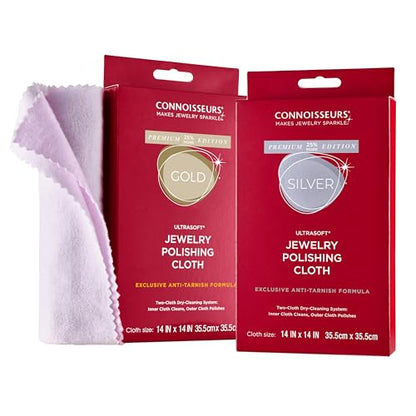 CONNOISSEURS - Extra Large Polishing Cloth Bundle - (2 Pack) 14x14 Inches | Premium Edition - For Silver & Gold Jewelry - Ultrasoft Fabric with Anti-Tarnish Formula - style: 14 x 14 Inches - 2 Cloth - Silver and Gold
