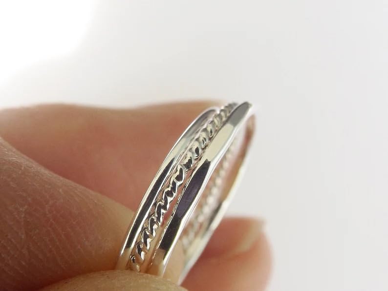 Solid 925 Sterling Silver Tone 3-Piece Stackable Set Smooth Hammered Twisted Texture Bands in Polished Handmade Women's Ring