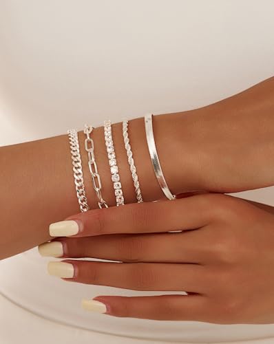 Gold Bracelets for Women 14K Gold Plated Stack Trend Bracelets Charm Paperclip Chain Cuban Link Layered Waterproof Bracelet Dainty Bracelet for Women Jewelry Gifts - color: 5Pcs Silver