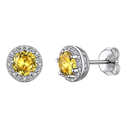Suplight 925 Sterling Silver Birthstone Stud Earrings for Women, Round/Heart/Teardrop/Square Crystal Diamond Earrings for Women, Dainty Birthday Gifts Jewelry - color: style a-11. round-November(Created Citrine)